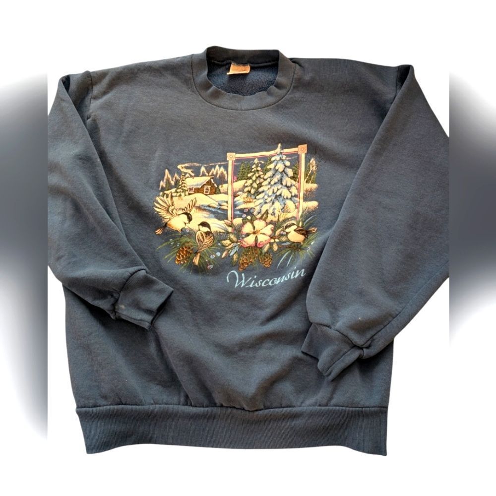 Vintage women's blue bird winter cabin‎ Wisconsin souvenir sweatshirt size large
